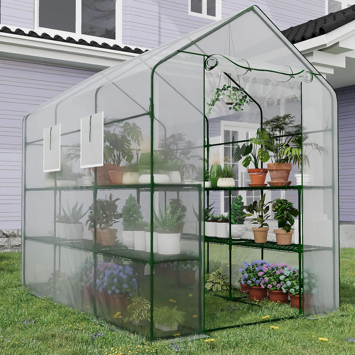 HiMISS Walk-In Greenhouse With PE Cover, Shelves And Zipper Door