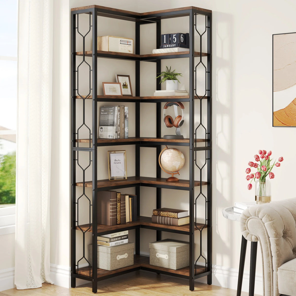 Tribesigns Industrial Corner Bookshelf With 7-Tier Wood and Metal Shelves