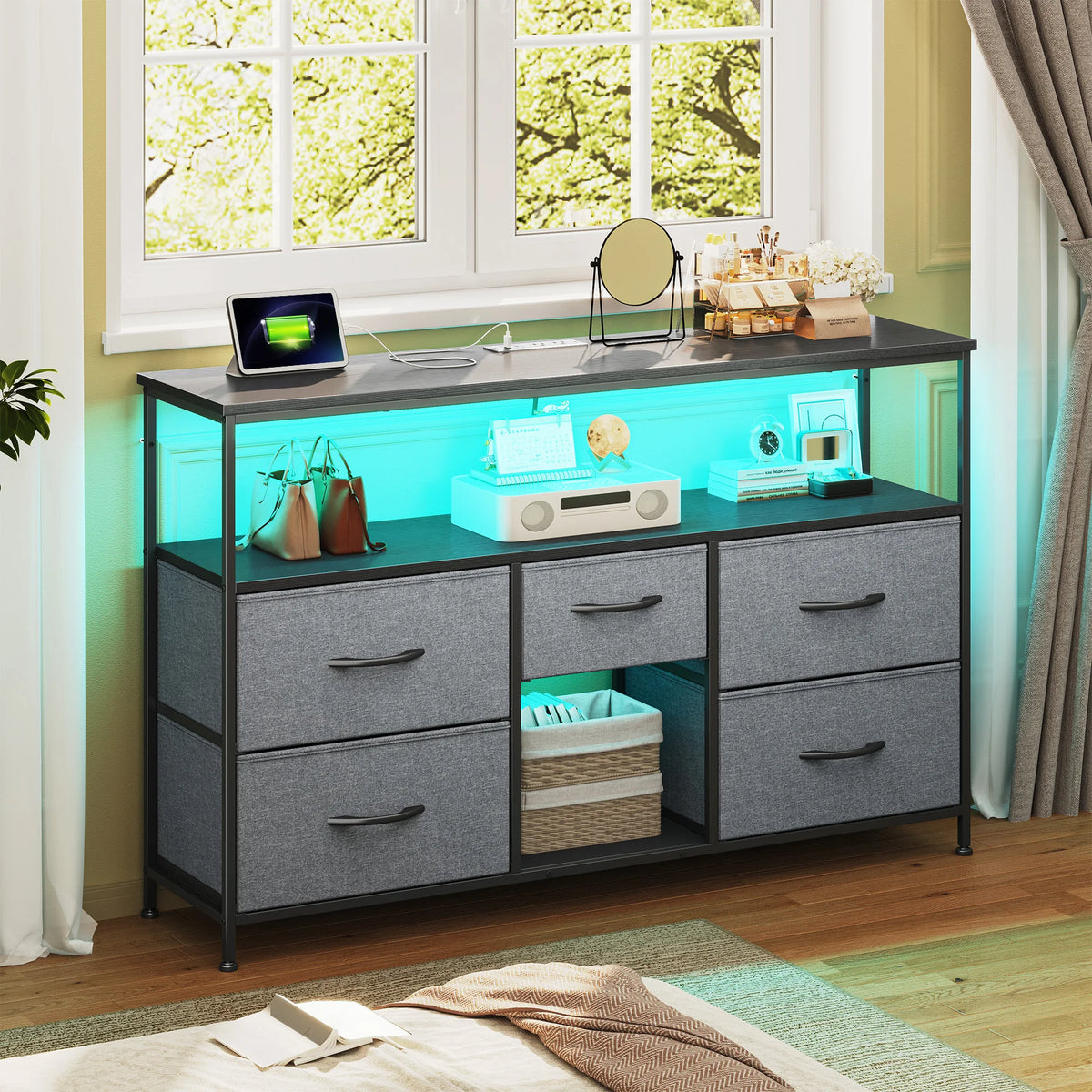 EnHomee Five Drawer TV Console Featuring LED Accent Lighting