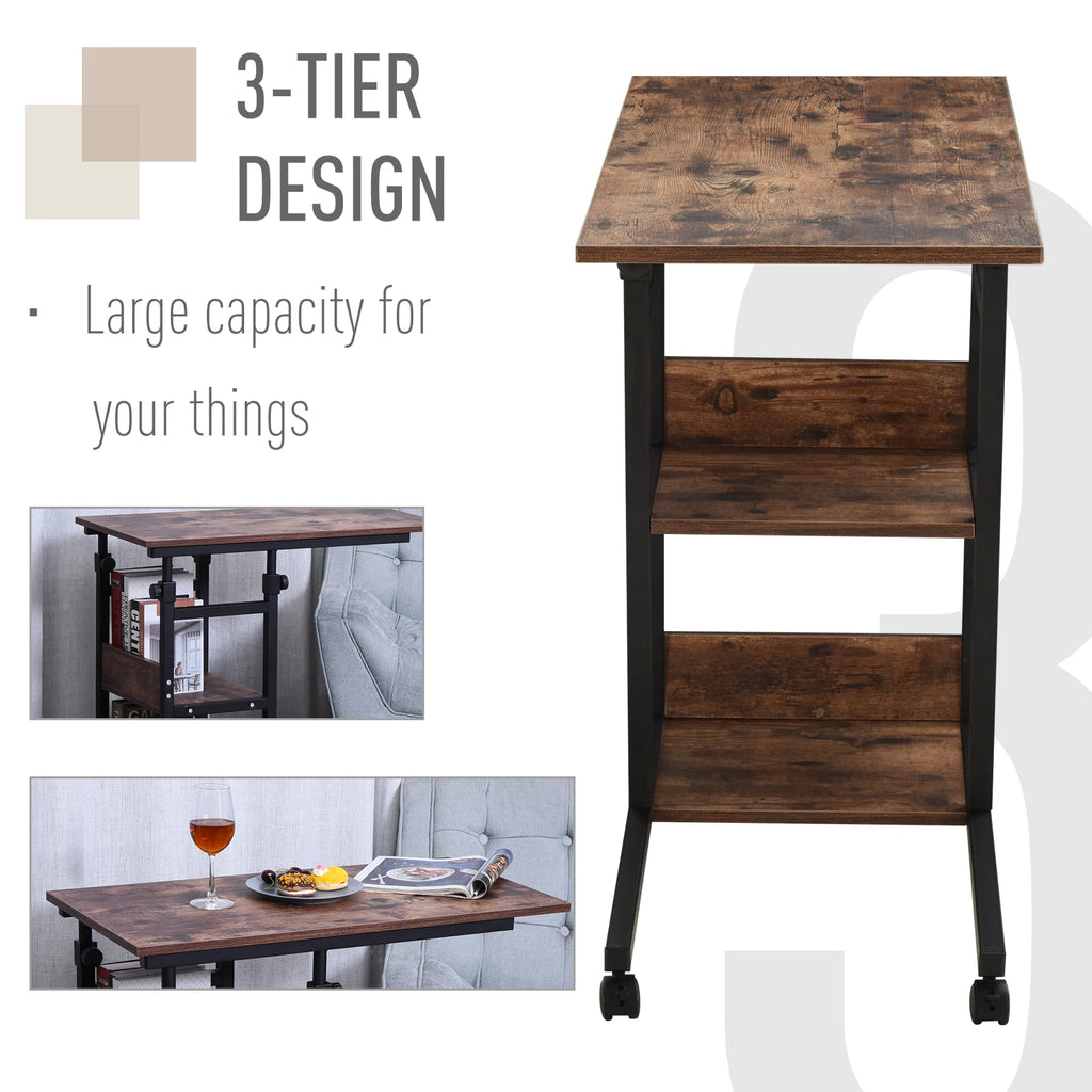 HOMCOM Industrial C-Shaped Rolling Sofa Side Table With Storage Shelves