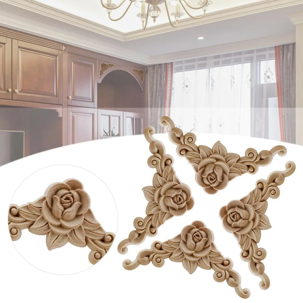 Floral Wooden Carved Corner Appliques for Door and Furniture Decor