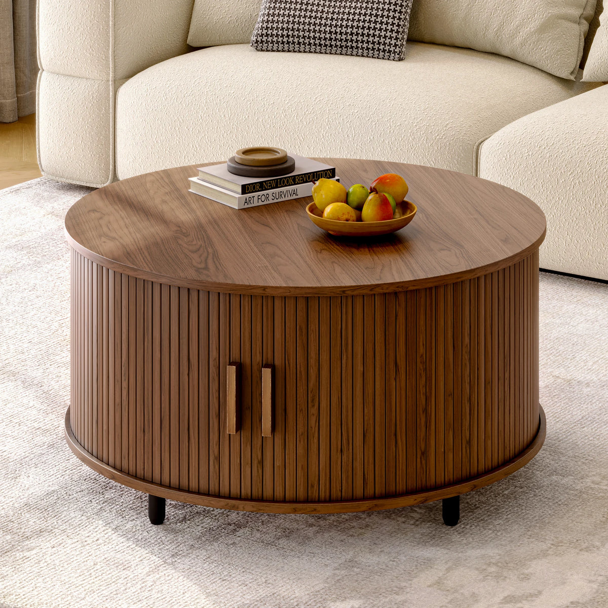 ONBRILL Round Coffee Table With Storage And Fluted Wood Design