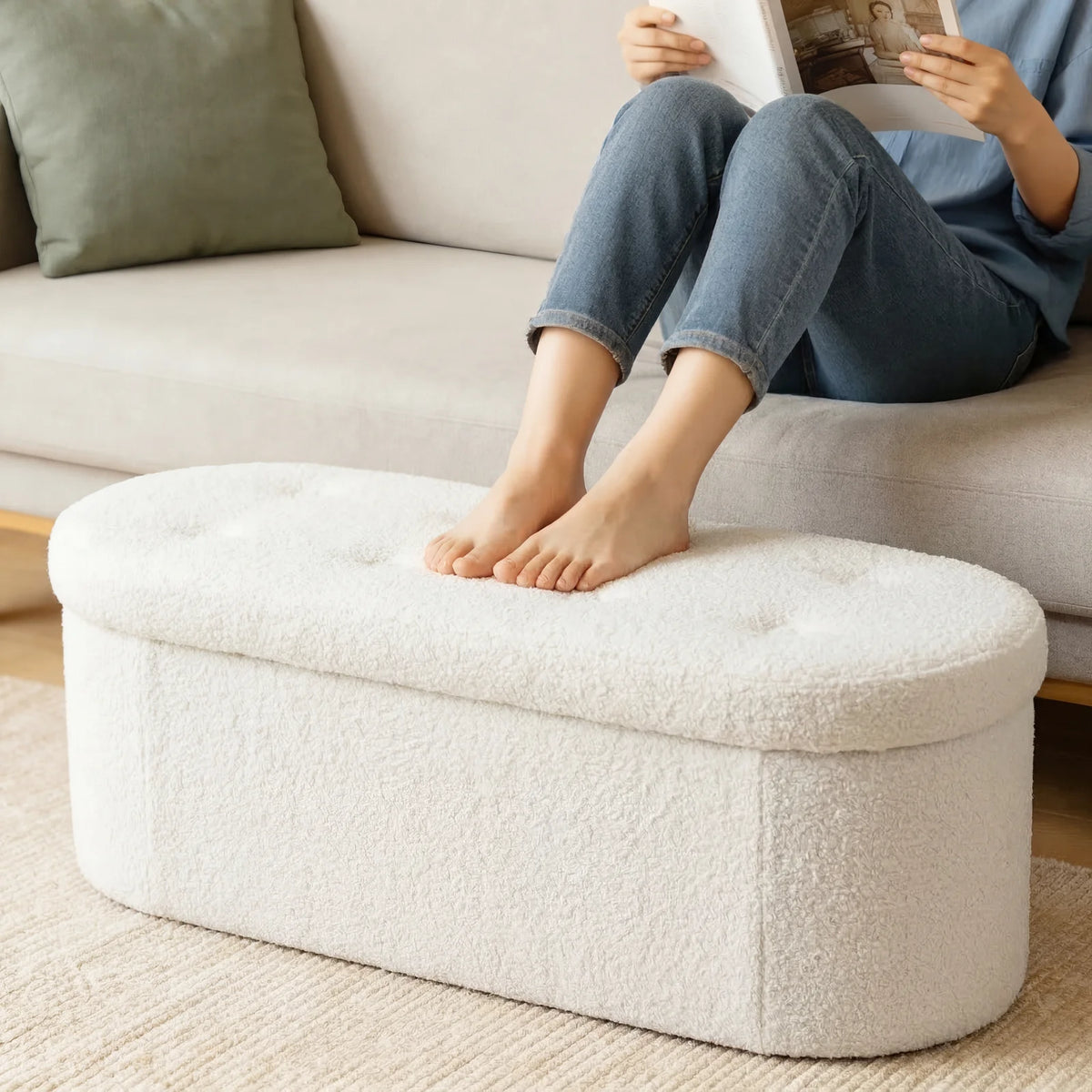 MCQ Faux Fur Ottoman Footrest Stool With Convenient Storage Chest