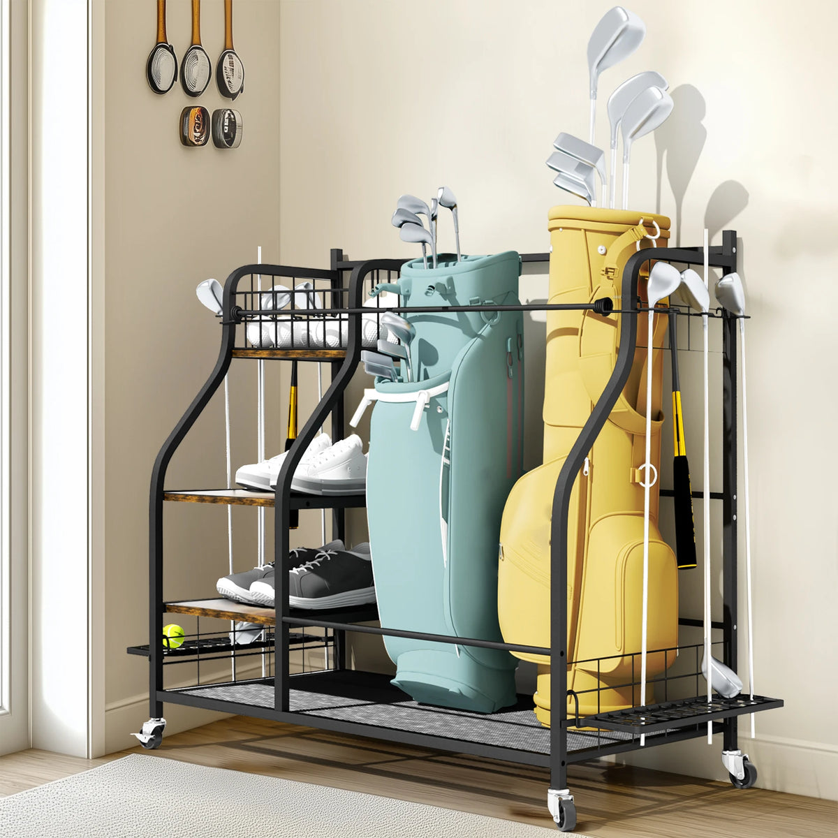Rolling Golf Bag Storage Rack With Wheels And Three Tiers