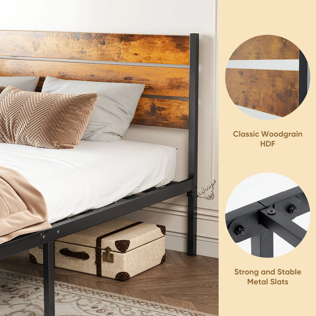MCQ Wooden Headboard Metal Platform Bed Frame With Sturdy Slat Support