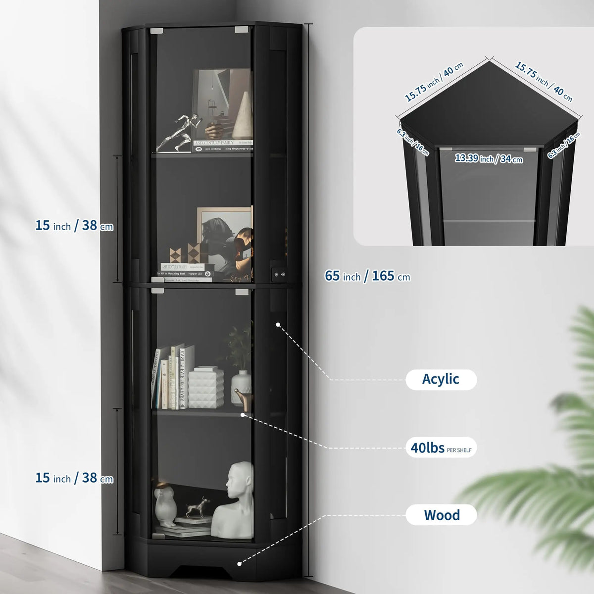 HiMISS Corner Glass Display Cabinet With Lighted Shelves