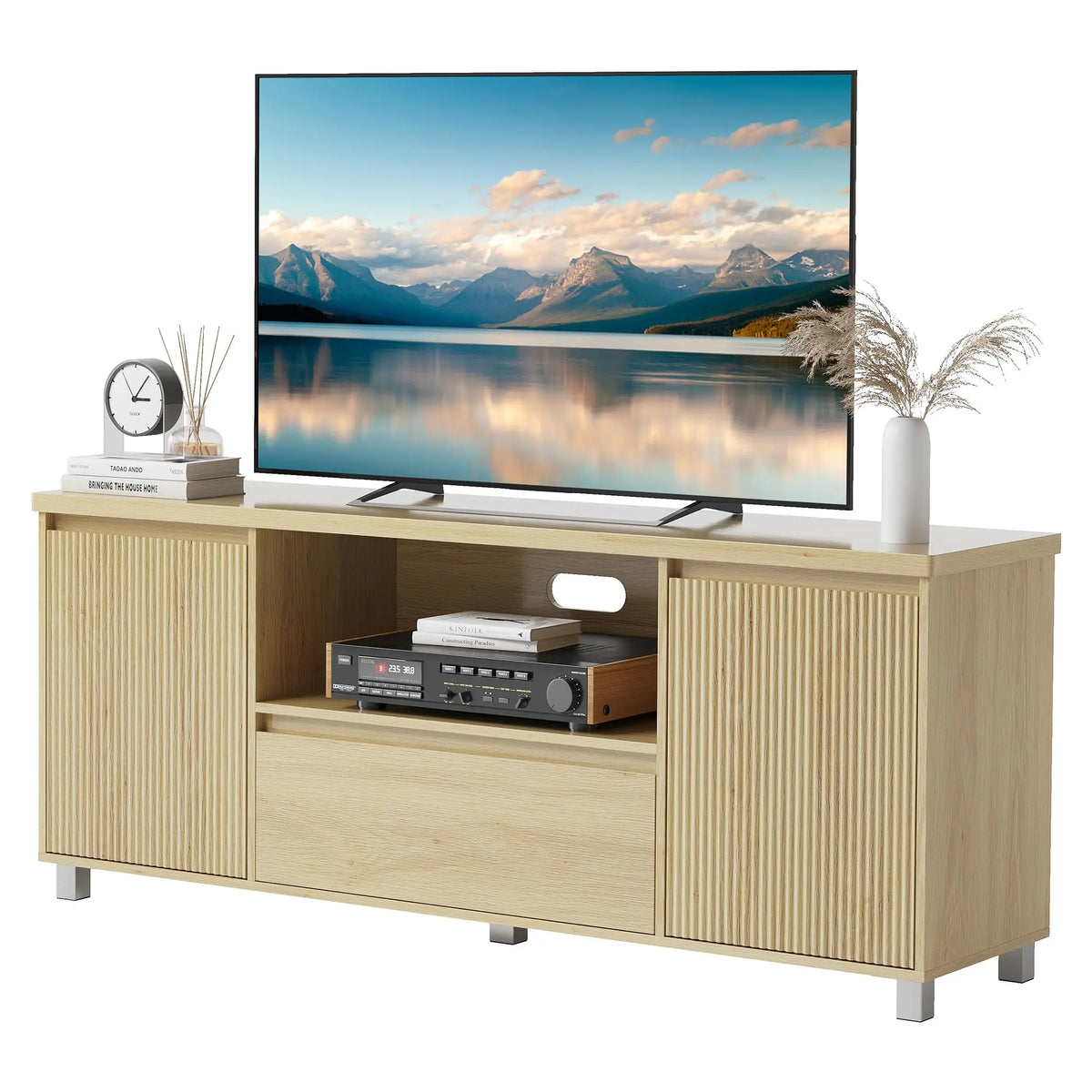 HiMISS Modern TV Stand With Fluted Cabinets And Open Shelves