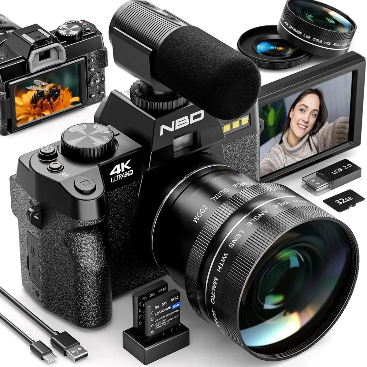 NBD 4K Camera With 48MP Flip Screen and Macro Lens