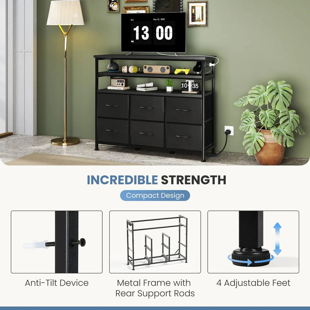 JHK TV Stand With Six Fabric Drawers And Storage Shelves