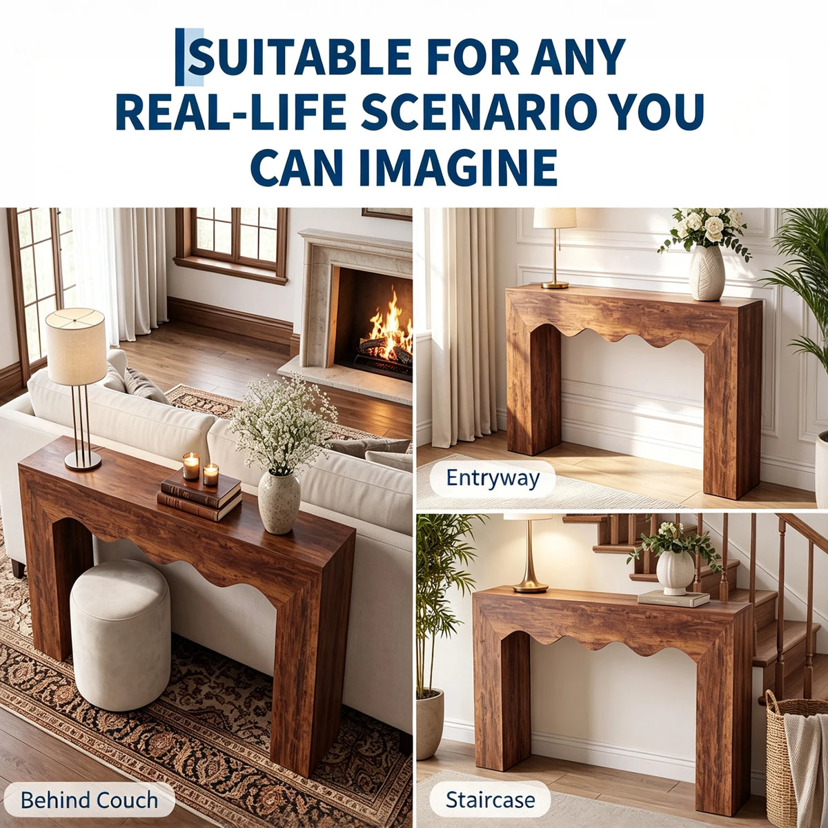 HiMISS Farmhouse Console Table With Wave Edge And Double Base