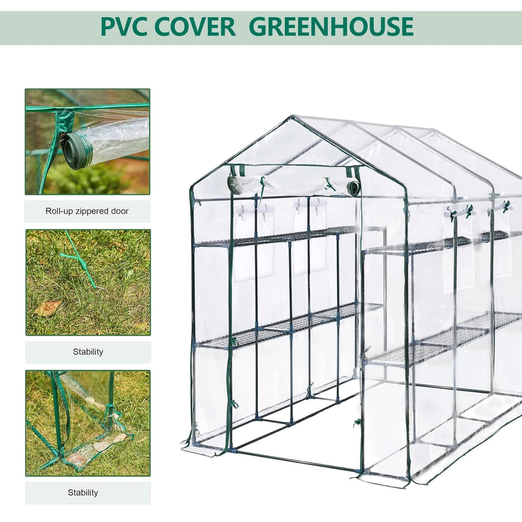 HiMISS Walk-In Greenhouse With PE Cover, Shelves And Zipper Door