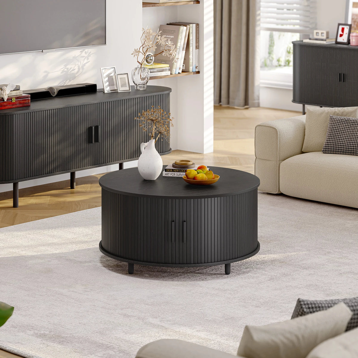 ONBRILL Round Coffee Table With Storage And Fluted Wood Design