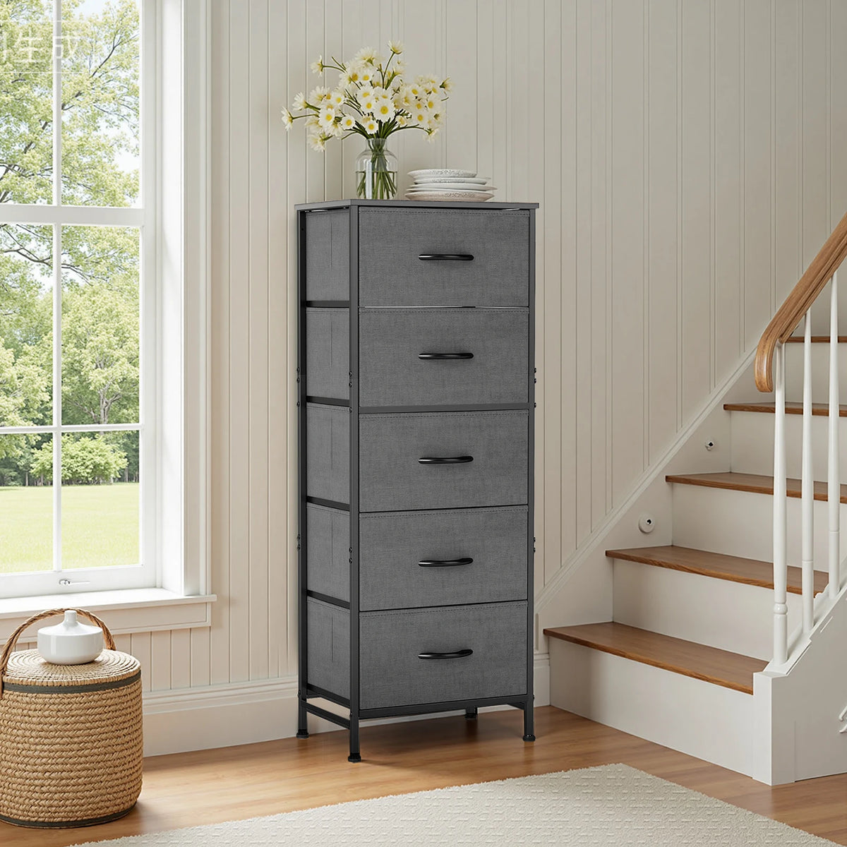 JHK Five Drawer Fabric Storage Cabinet for Living Room