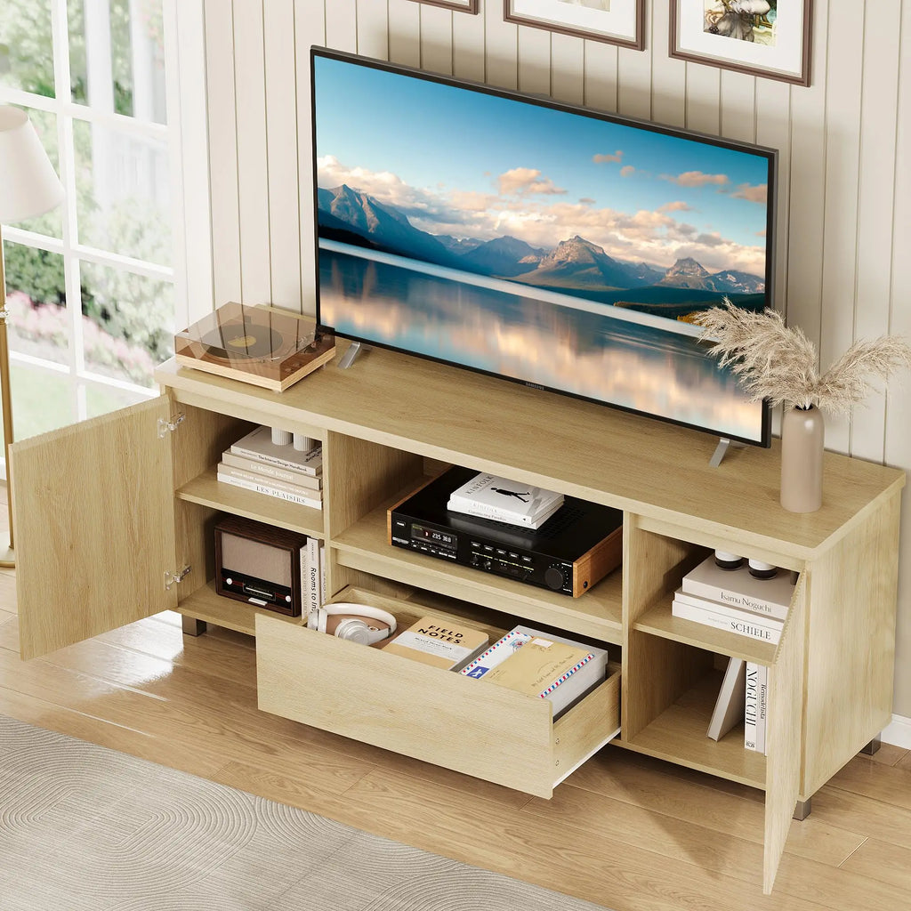 HiMISS Modern TV Stand With Fluted Cabinets And Open Shelves