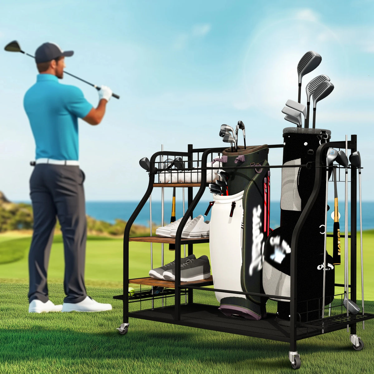 Rolling Golf Bag Storage Rack With Wheels And Three Tiers