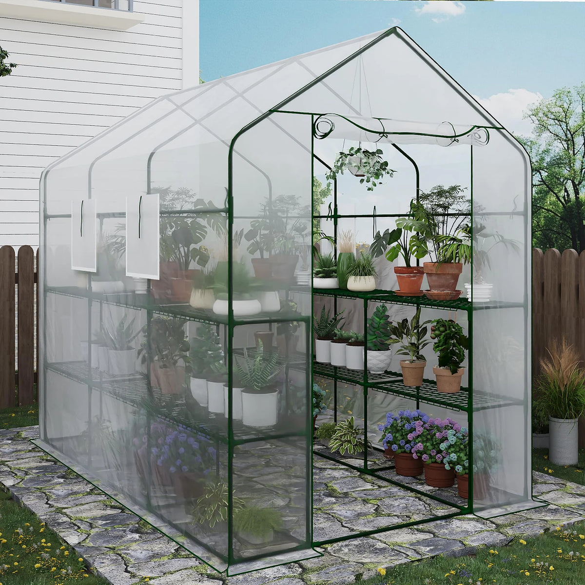 HiMISS Walk-In Greenhouse With PE Cover, Shelves And Zipper Door