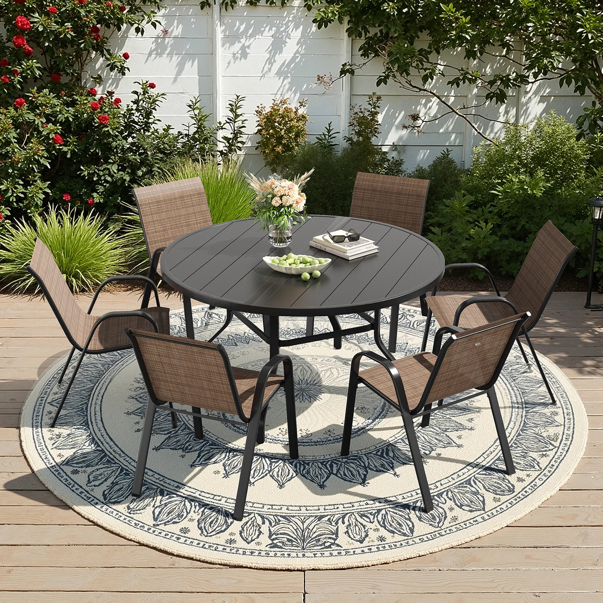 Farini Outdoor Dining Set With Round Table And Six Chairs