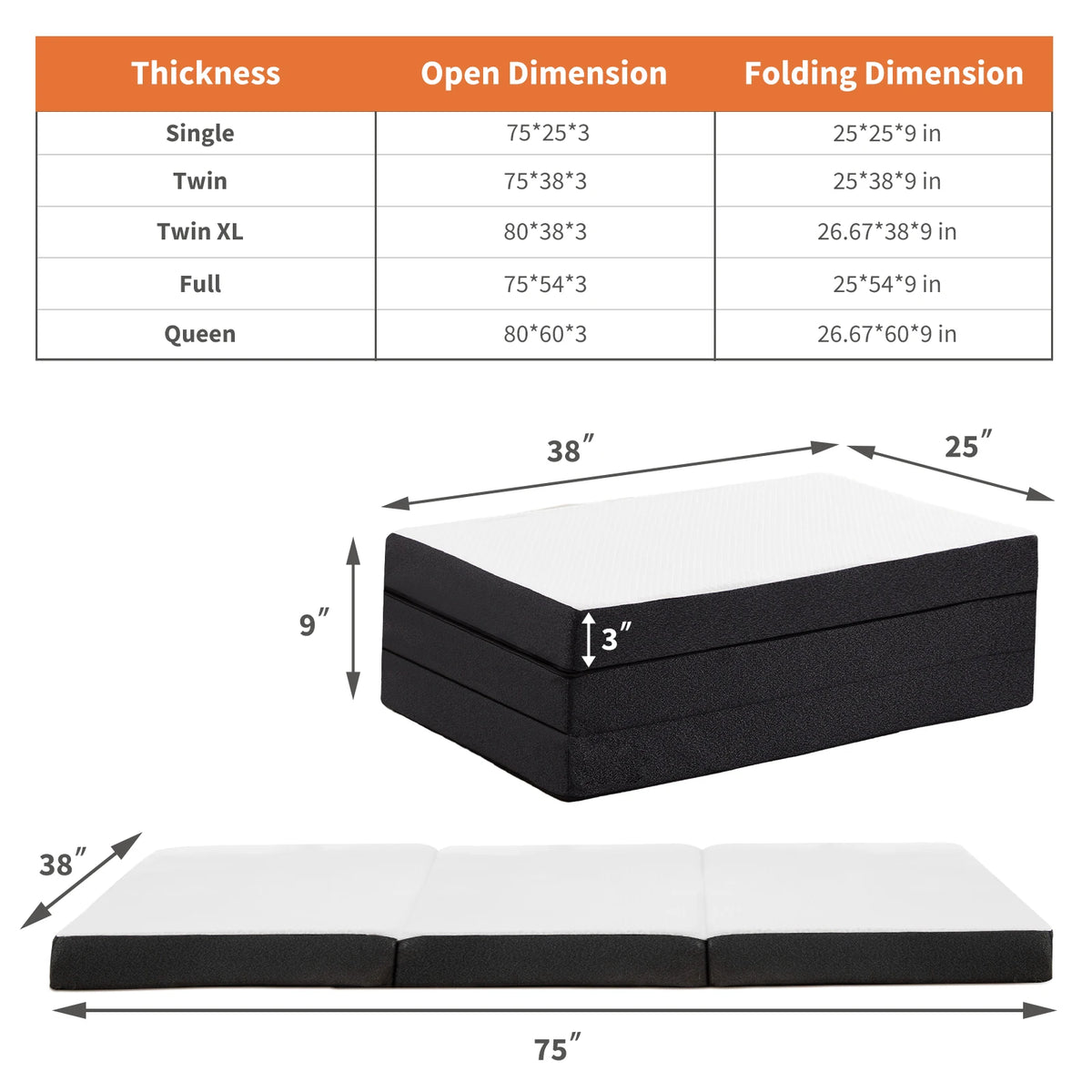 JHK CertiPUR-US Three Fold Memory Foam Floor Bed for Travel