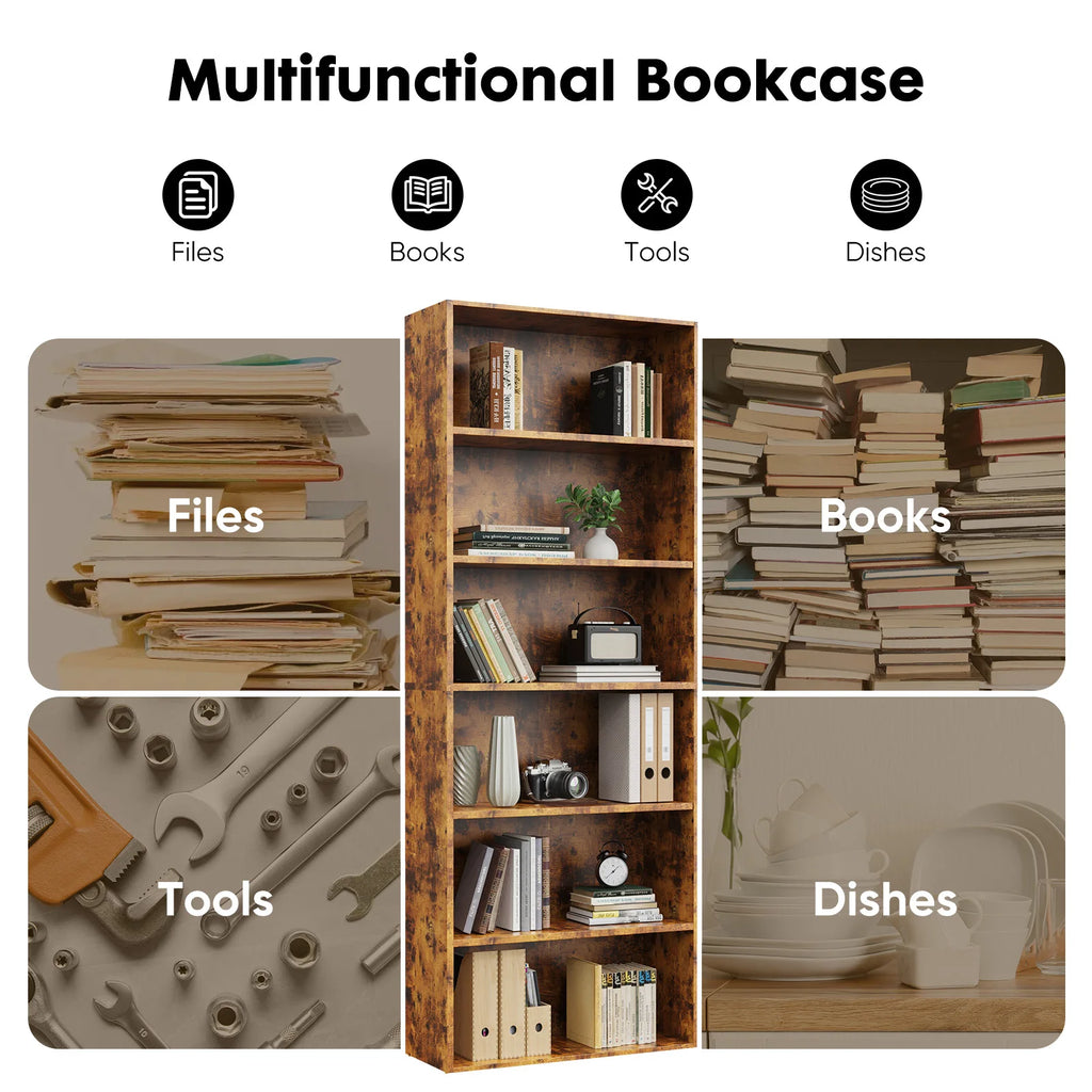 JHK Modern Wooden Bookcase With Six Tier Open Storage Shelves