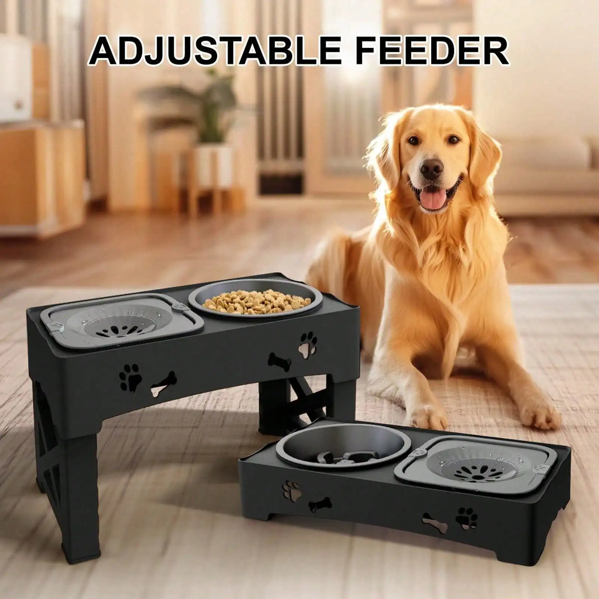 Adjustable Raised Double Dog Bowl Stand With Non Slip Feet