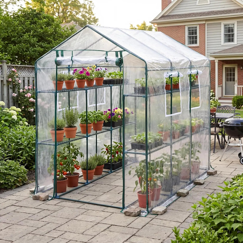HiMISS Walk-In Greenhouse With PE Cover, Shelves And Zipper Door