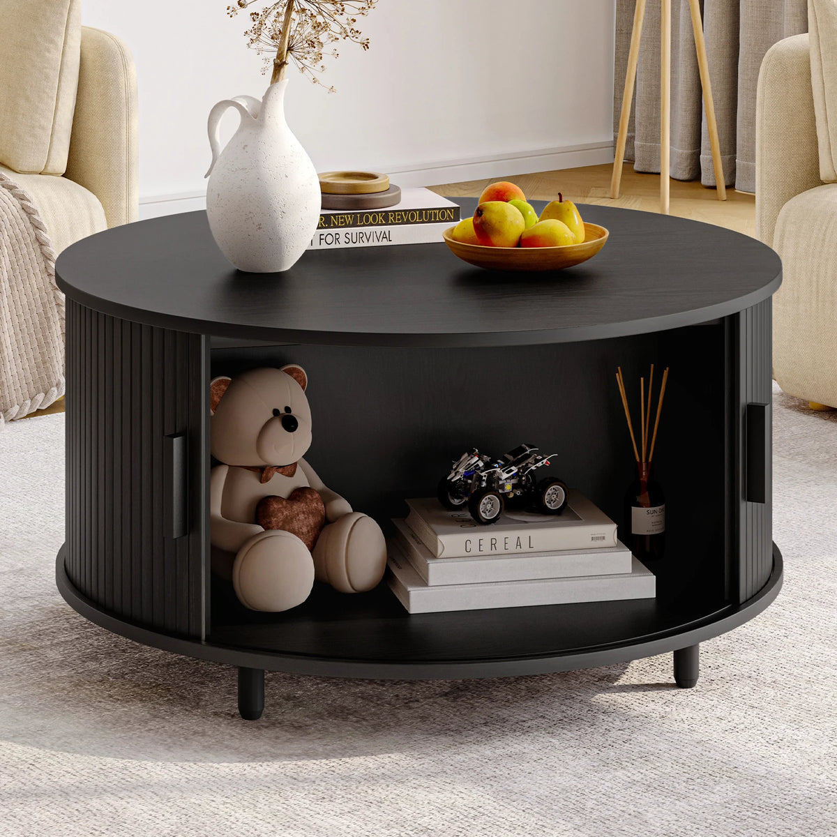 ONBRILL Round Coffee Table With Storage And Fluted Wood Design