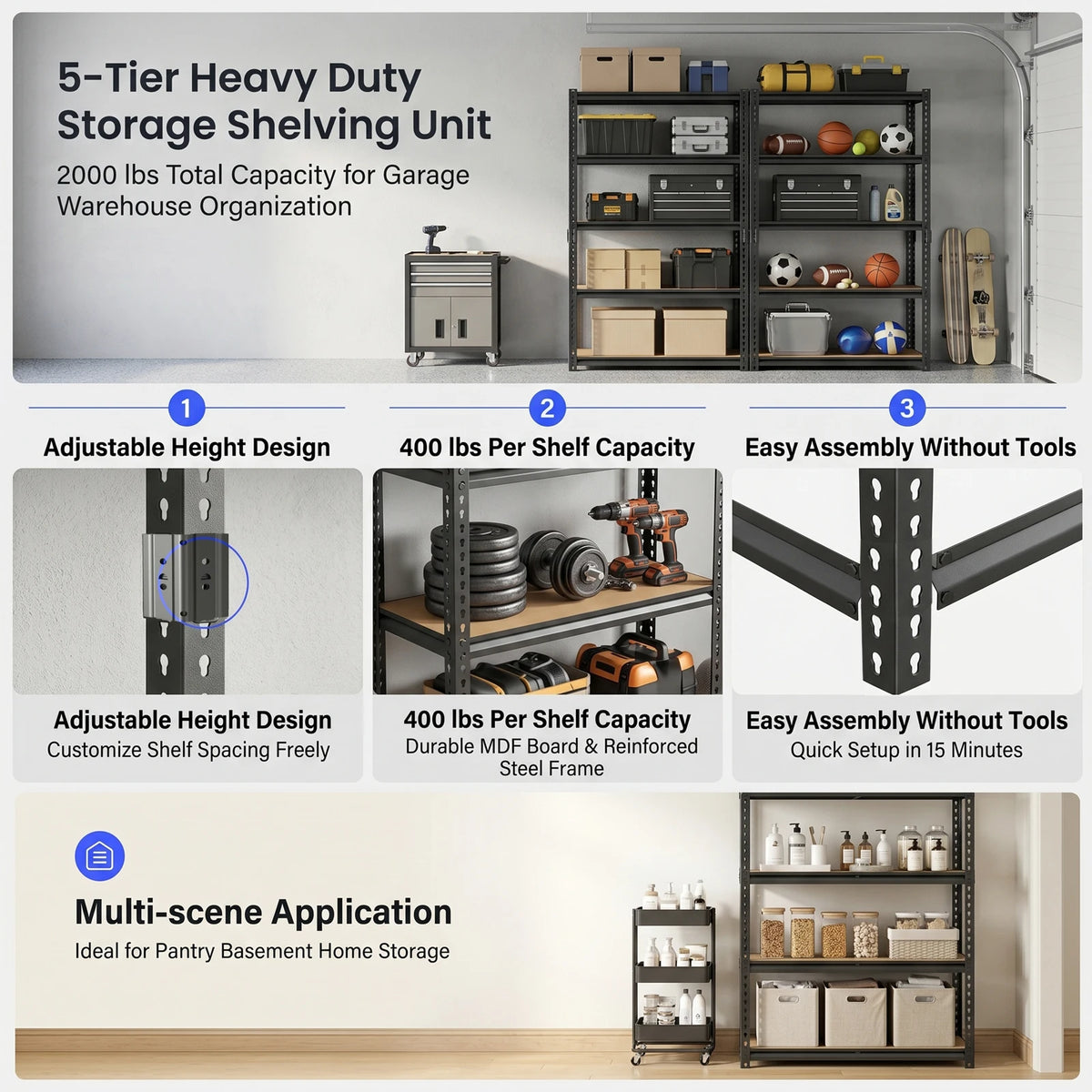 SARENZOON Adjustable Metal Storage Shelving Unit for Garage and Warehouse