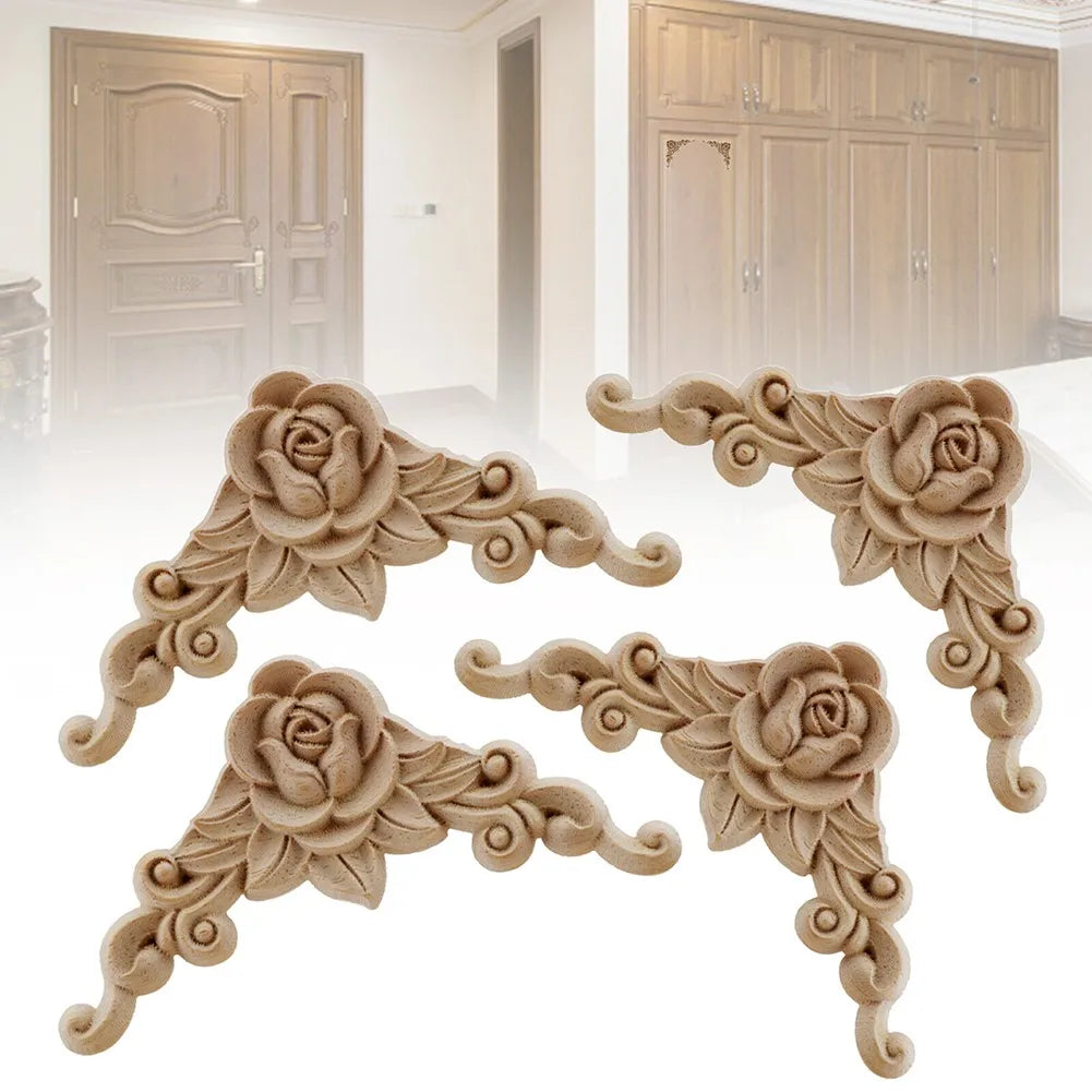 Floral Wooden Carved Corner Appliques for Door and Furniture Decor