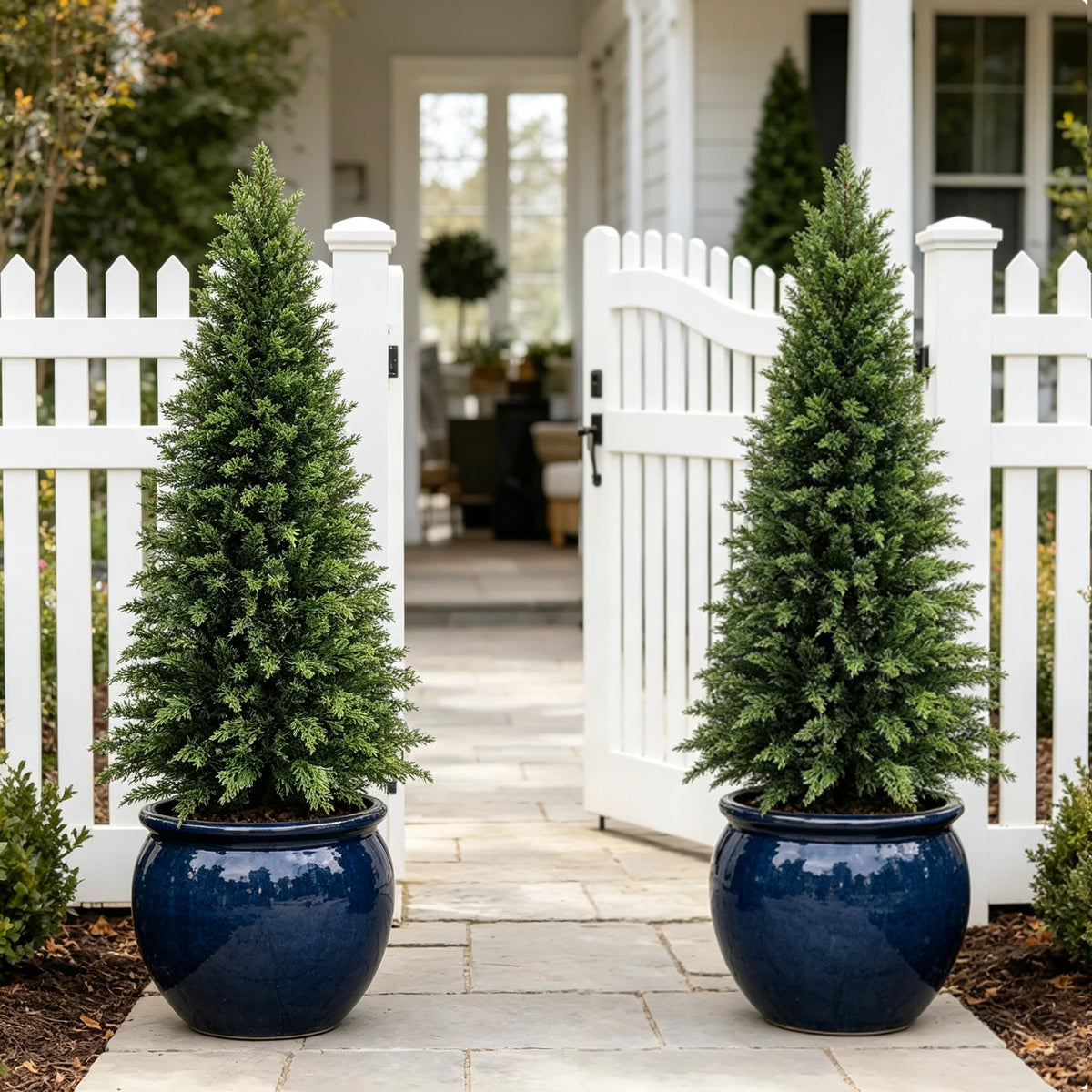 2/3/4/5/6FT Artificial Topiary Cedar Trees UV-Resistant Faux Evergreen Outdoor Indoor Plants Black Pot Faux Cedar Topiary Plants Christmas Trees for Front Porch Entryway & Patio Xmas Decor