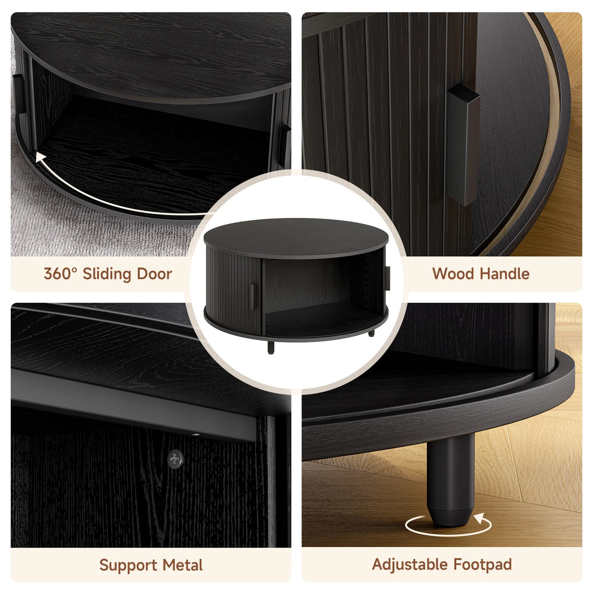 ONBRILL Round Coffee Table With Storage And Fluted Wood Design