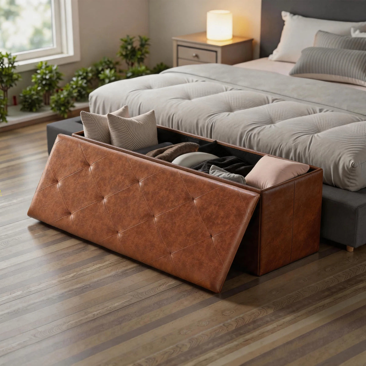 SARENZOON Tufted Faux Leather Folding Storage Ottoman Bench
