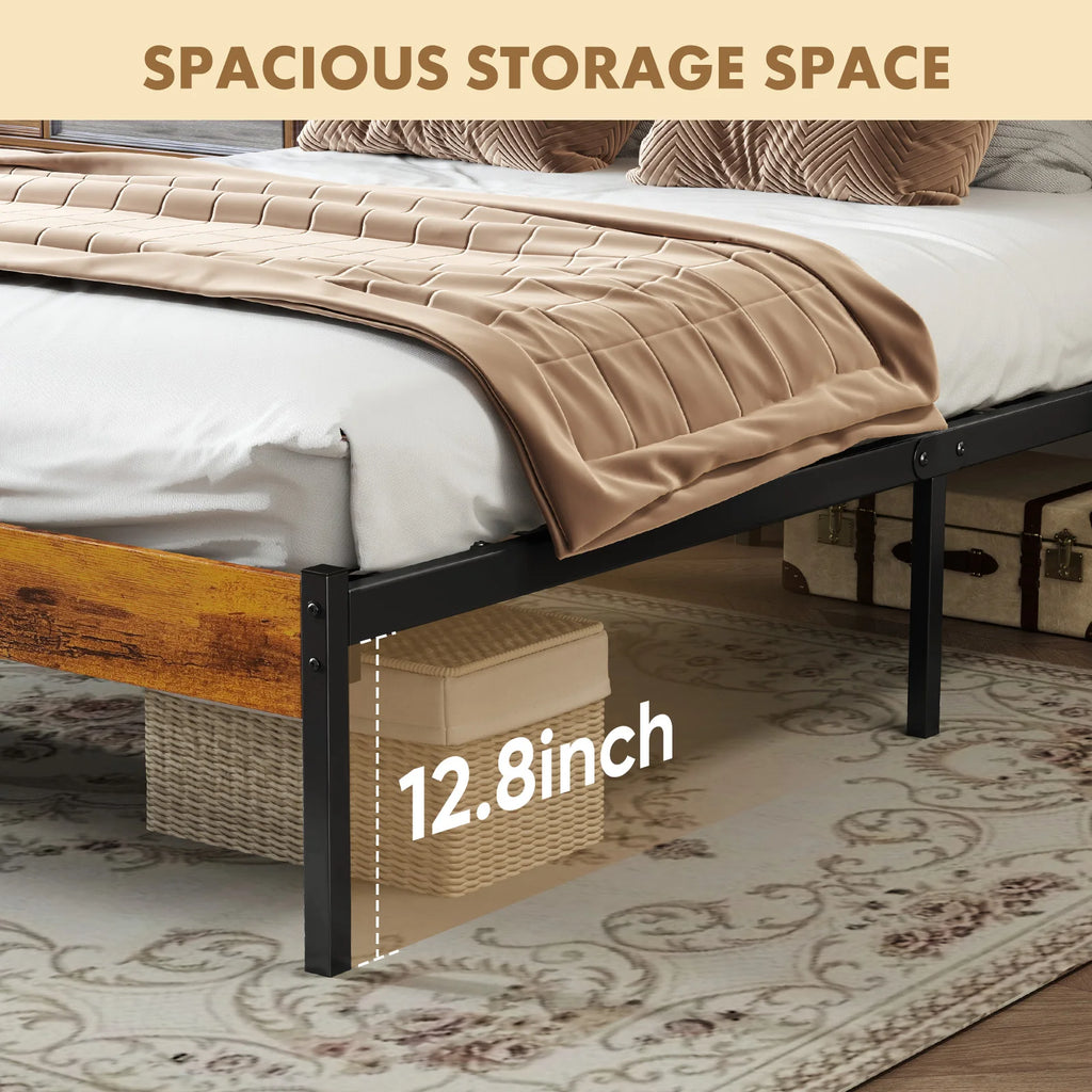 MCQ Wooden Headboard Metal Platform Bed Frame With Sturdy Slat Support