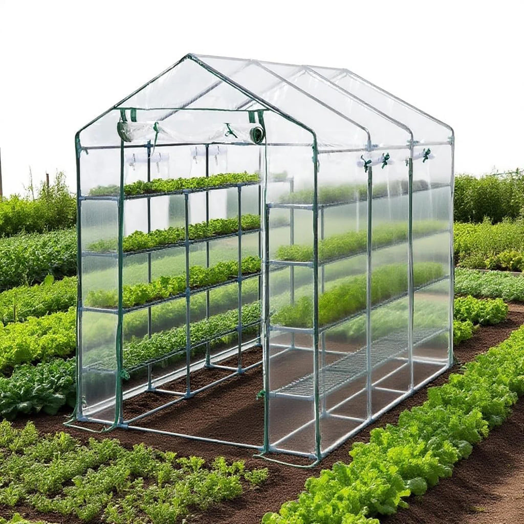 HiMISS Walk-In Greenhouse With PE Cover, Shelves And Zipper Door