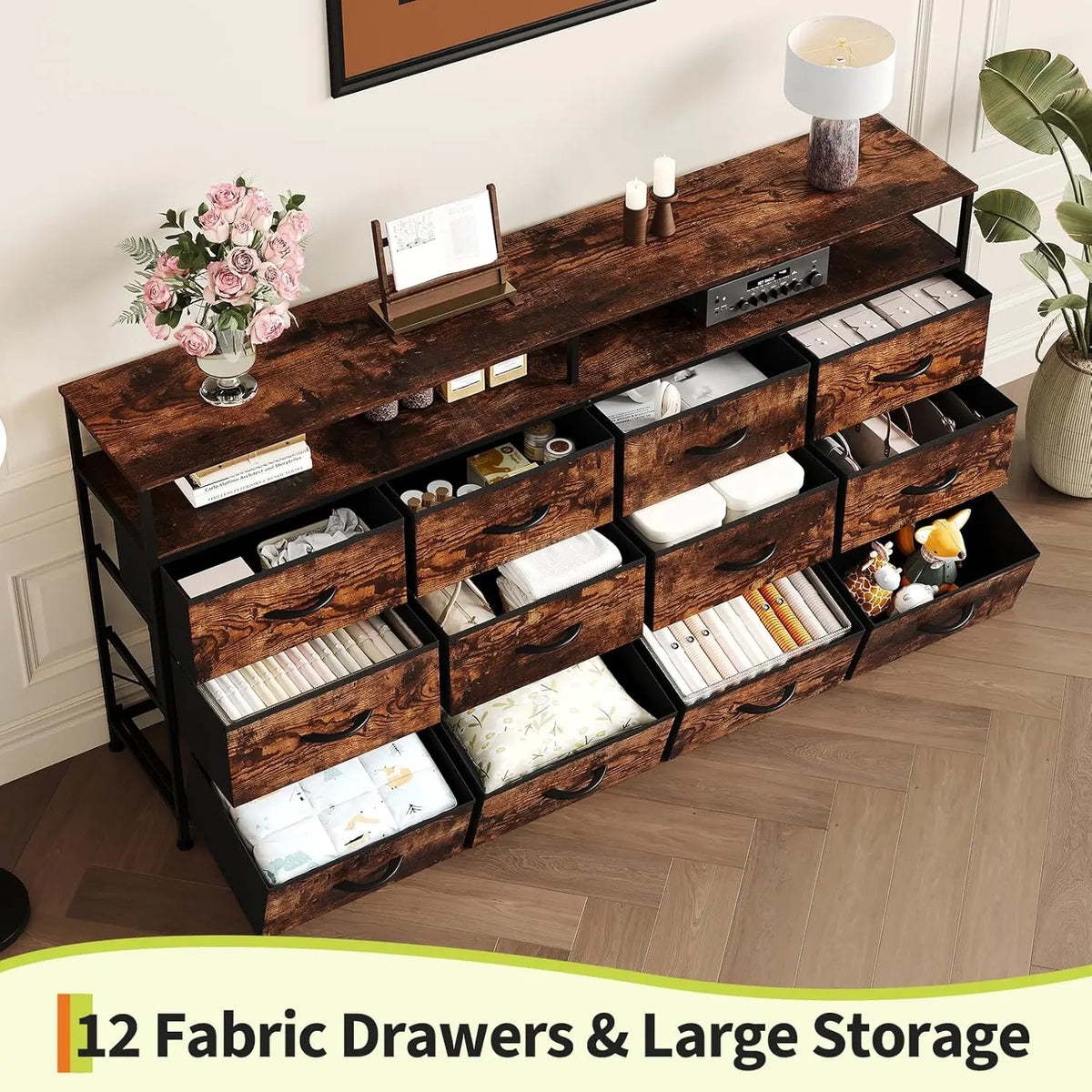 HiMISS 12 Drawer Dresser With Open Shelves And TV Stand