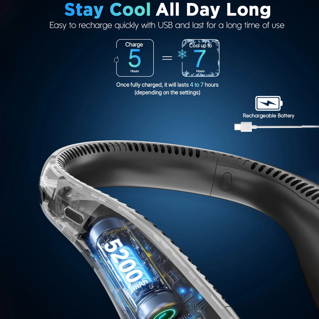 Bladeless Wearable Neck Fan With USB Rechargeable Cooling