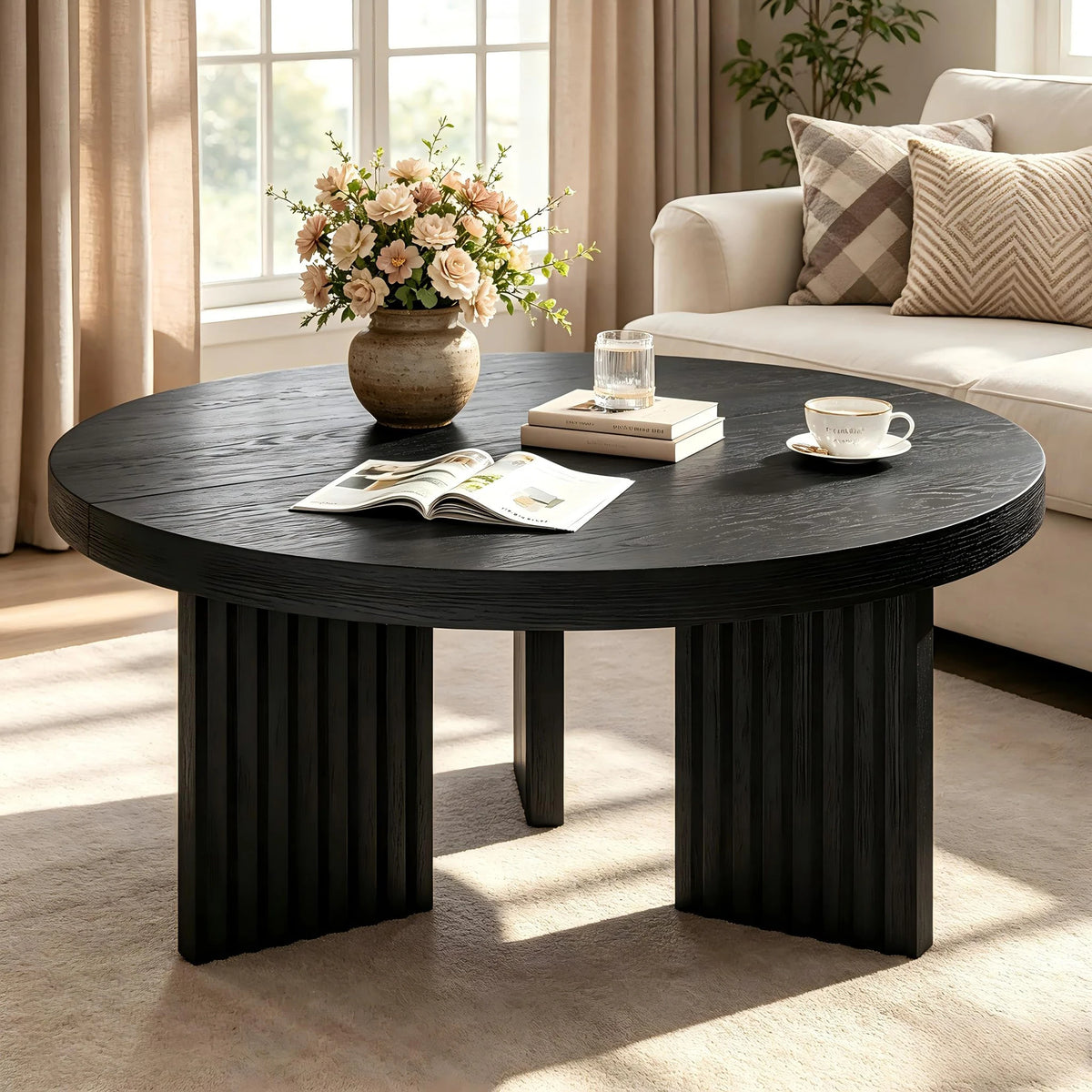 HiMISS Modern Round Coffee Table With Fluted Leg Design