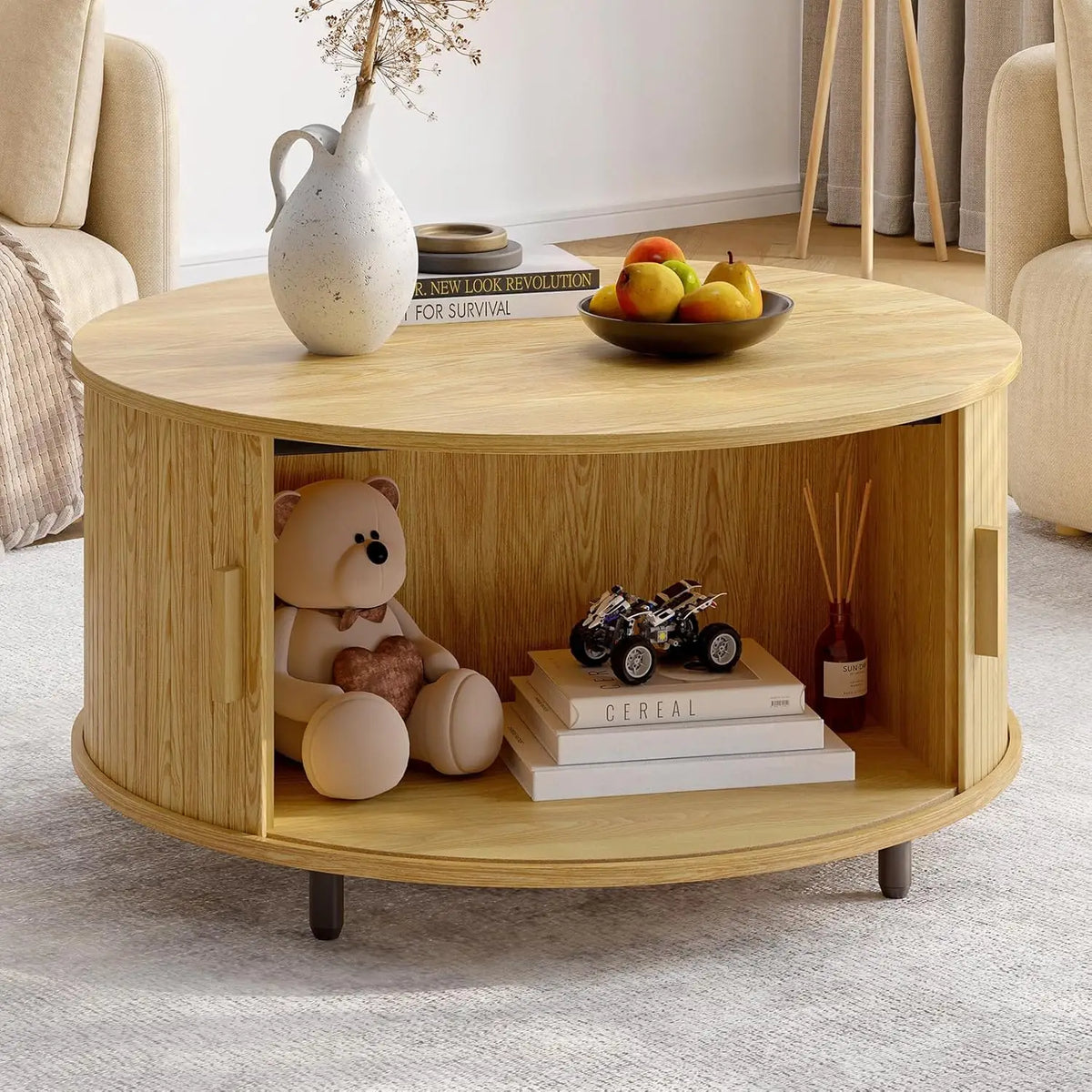 ONBRILL Round Coffee Table With Storage And Fluted Wood Design