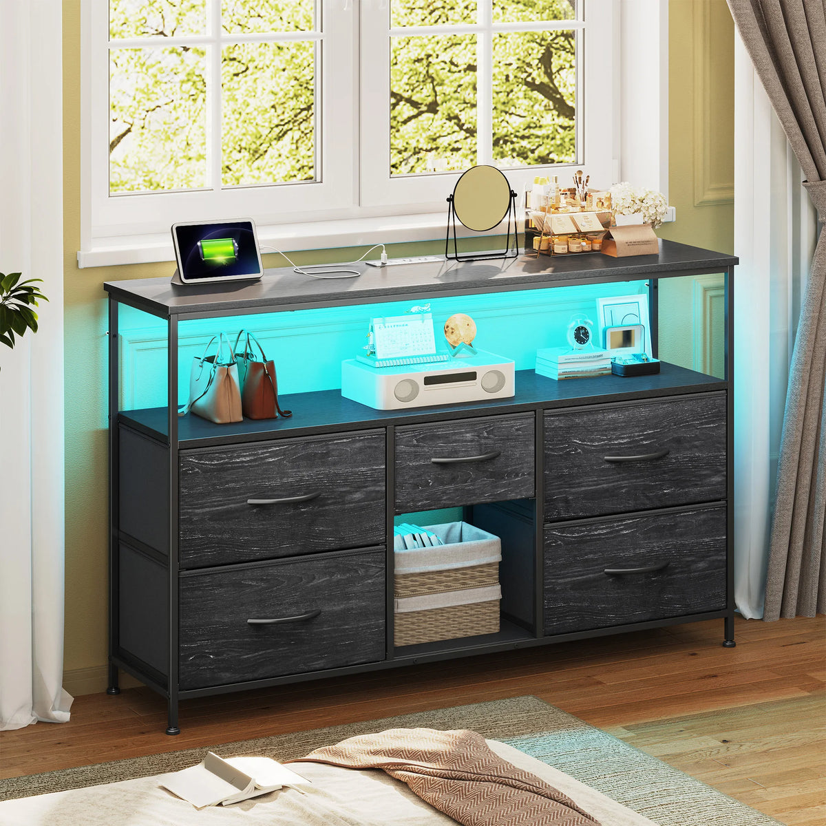 EnHomee Five Drawer TV Console Featuring LED Accent Lighting