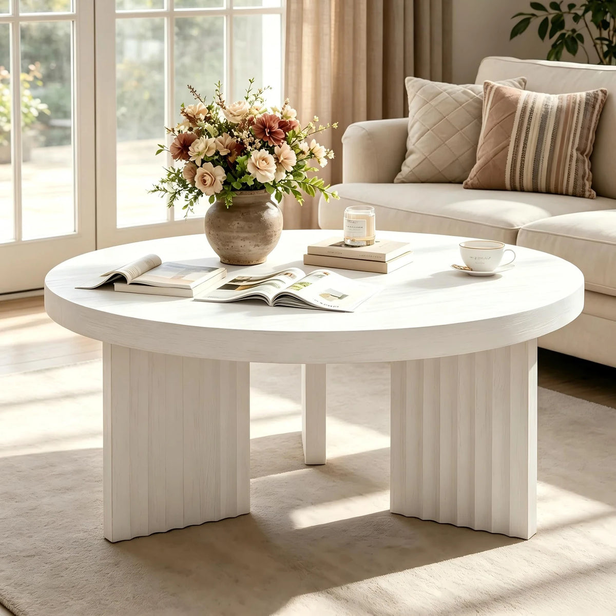 HiMISS Modern Round Coffee Table With Fluted Leg Design