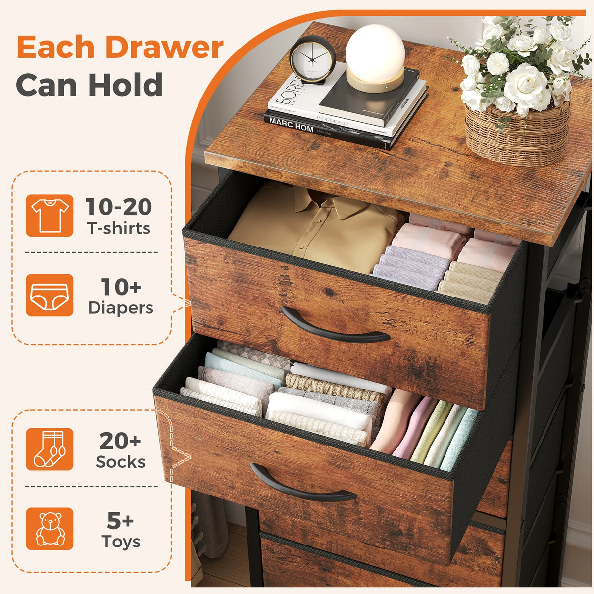 JHK Six Drawer Fabric Dresser With Metal Frame Wood Top