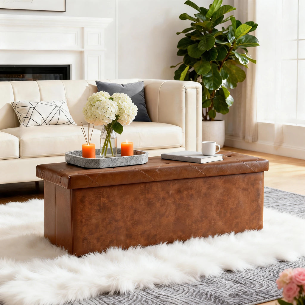 SARENZOON Tufted Faux Leather Folding Storage Ottoman Bench