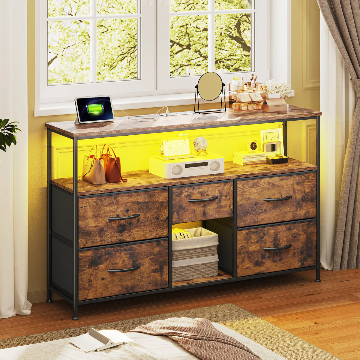 EnHomee Five Drawer TV Console Featuring LED Accent Lighting