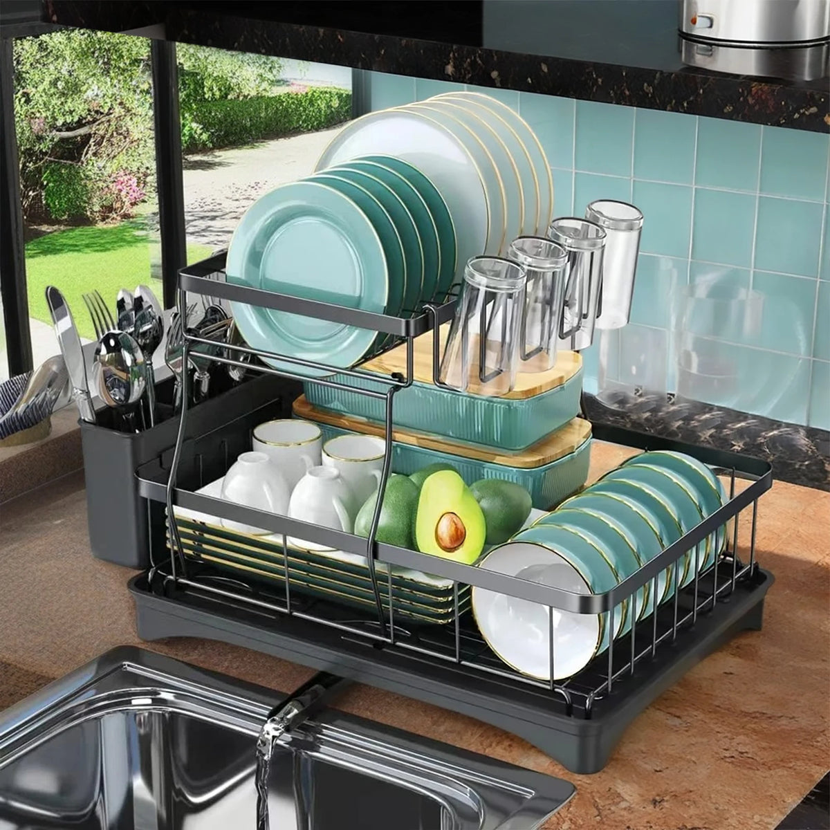 Two Tier Dish Drying Rack With Removable Draining Design