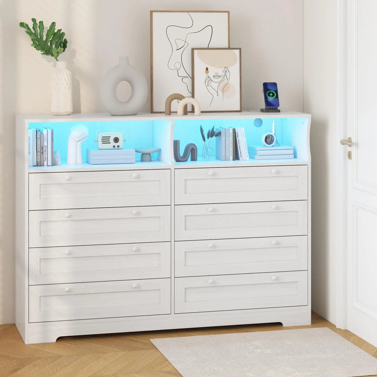 HiMISS Wood LED Dresser TV Stand With Charging Station