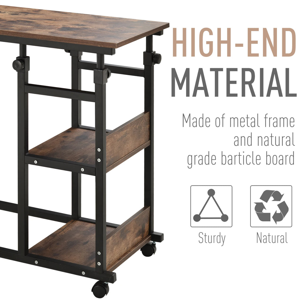 HOMCOM Industrial C-Shaped Rolling Sofa Side Table With Storage Shelves