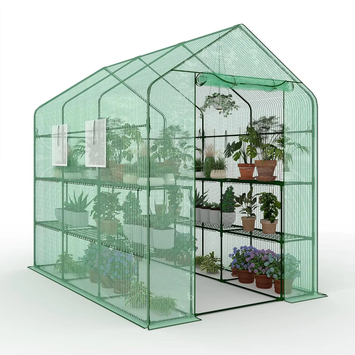 HiMISS Walk-In Greenhouse With PE Cover, Shelves And Zipper Door