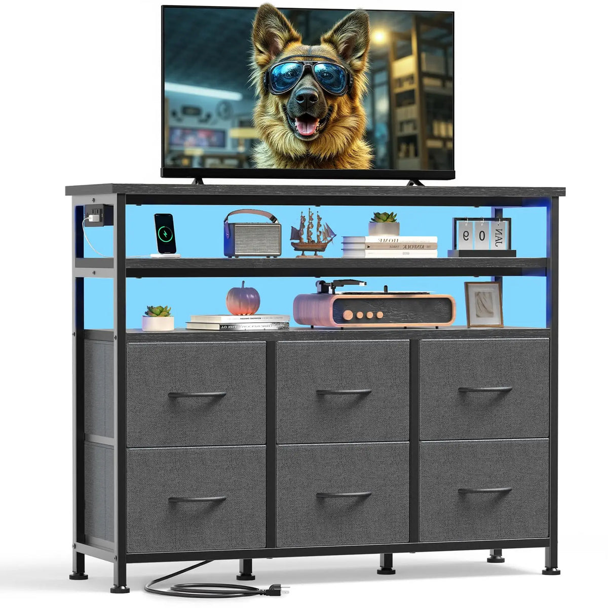 JHK TV Stand With Six Fabric Drawers And Storage Shelves