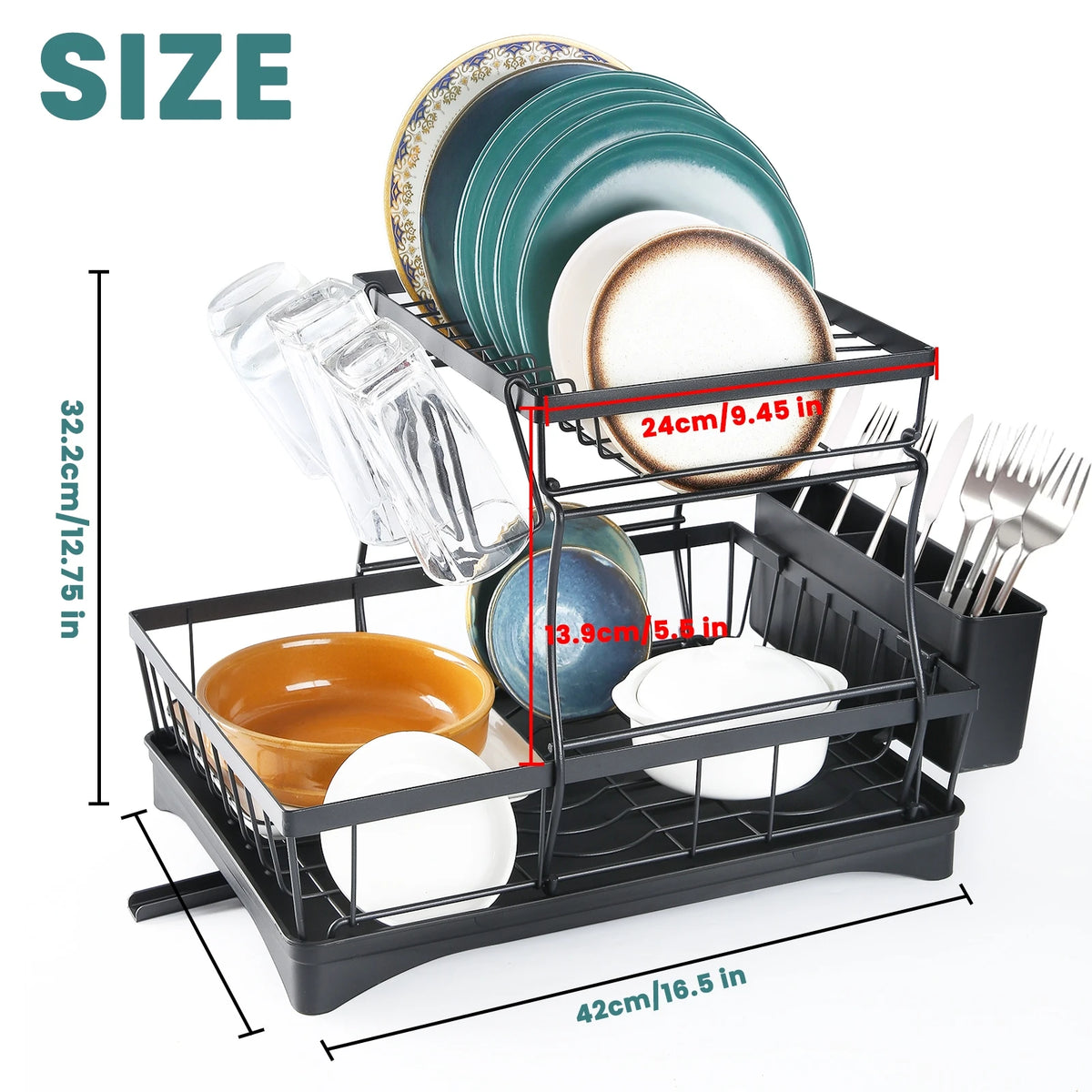 Two Tier Dish Drying Rack With Removable Draining Design