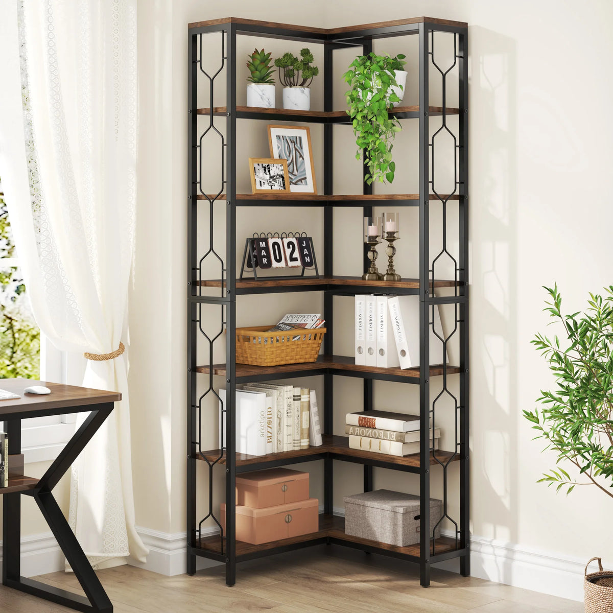 Tribesigns Industrial Corner Bookshelf With 7-Tier Wood and Metal Shelves