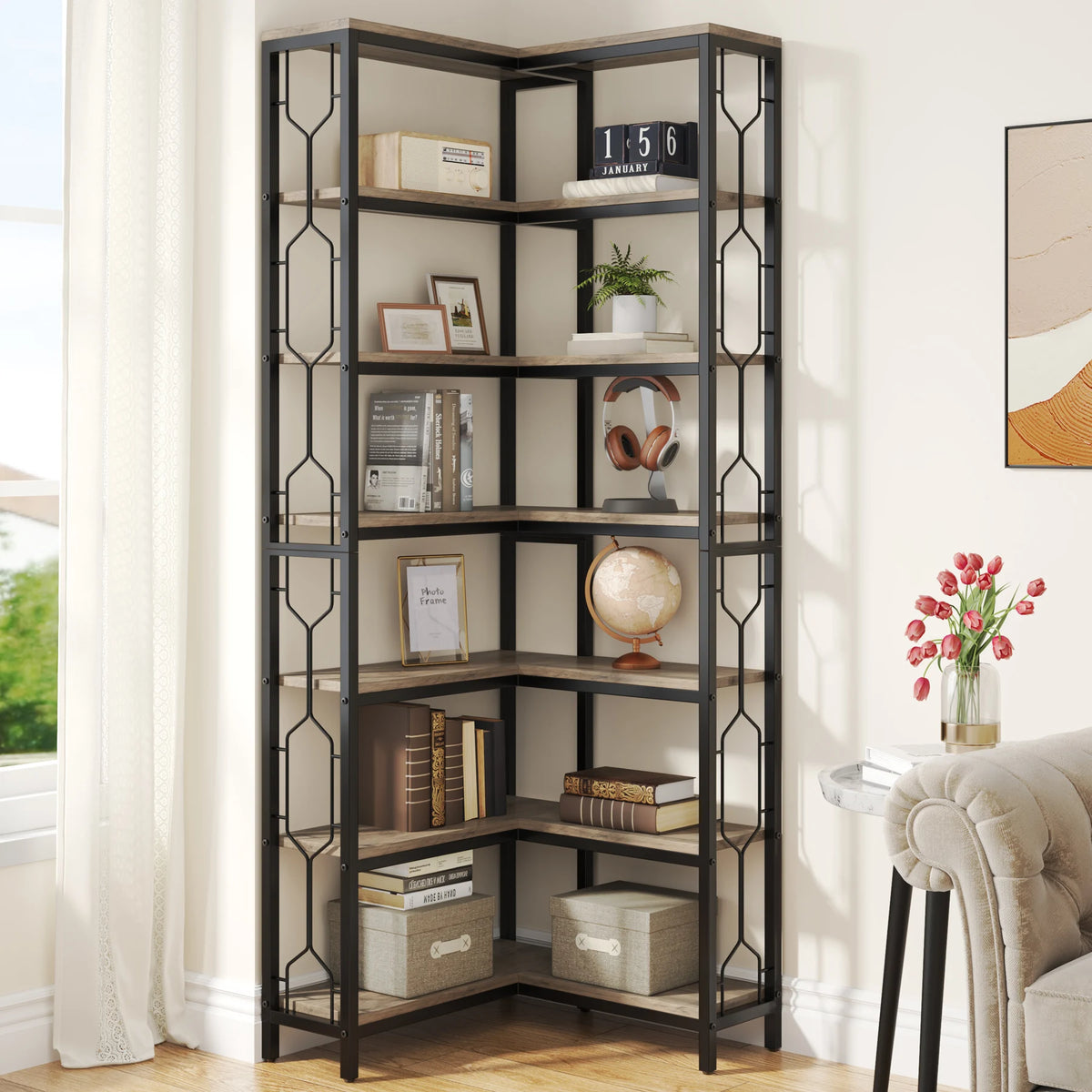 Tribesigns Industrial Corner Bookshelf With 7-Tier Wood and Metal Shelves